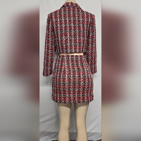 Shein S 4 Skirt Suit Plaid Textured Tweed Red Black White Lined Cropped - Picture 5 of 8